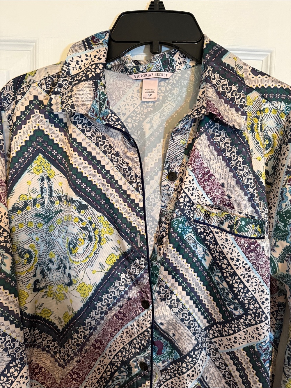 Victoria's Secret Multi-Pattern Button-Up Pajama Top in Navy, Teal, Yellow